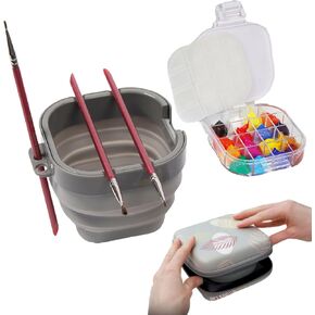 Paint Brush Cleaner Tool Kit - Paint Palette Travel Kit w/ 16-Well Palette Silicone Cup, Case, Towel & Drawstring Bag - Portable & Durable Paint Remover Kit for Studio, Students & Kids' Art Supplies