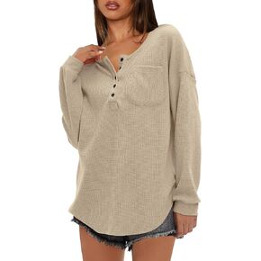 Darong Women's Waffle Knit Tunic Long Sleeve Button Up Neck Henley Shirts Casual Fall Pullover Tops
