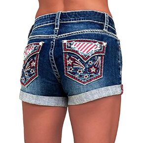Flamingals Denim Shorts for Women High Waist Embroidery Pocket Raw Hem Skinny Jean Shorts