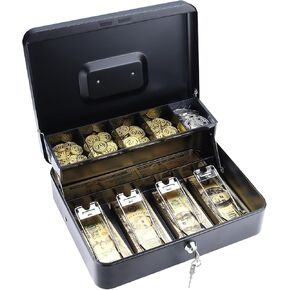 HOMOKUS Portable Locking Cash Box,Black Money Box with Cash Tray,Lock Safe Box with 4 Bill 5 Coin Slots,11.8"W x 9.4"D x 3.5"H