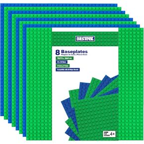 Building Bricks Baseplates Multipack, 32x32 Stud, 8 Pack of Base Plates in 4 Rainbow Color: Orange, Red, Yellow & Purple, Base for Building Blocks Creations, 10x10 in. (25.5x25.5 cm)
