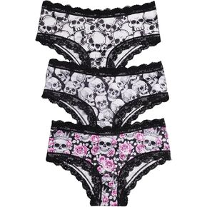 WDIRARA Women's 3 Piece Skull Print Lace Hipster Panties Soft Underwear Halloween Gothic Briefs