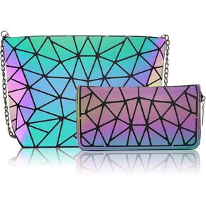 Small Clutch Purses for women Daily Use Geometric Purse for Women Geometric Luminous Purses and Shoulder bags Geometric Bags and Holographic crossbody bag SET-H