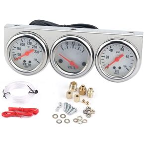 2" 52mm Triple Car Auto Gauge Kit(Volt Meter+Water Temp+Oil Pressure Meter) Stainless Steel Triple Auto Dashboard Gauge Set with White Console Fit for 12V Cars