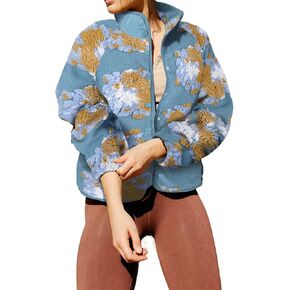 Texture Floral Fleece Jacket Button Down Shacket Casual Sherpa Coats Warm Outwear