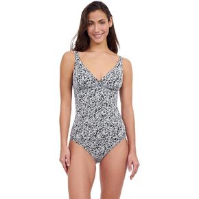 Profile by Gottex Women's Plumeria Textured Black and White Leafy Print D Cup Tankini Bathing Suit Top Swim Essential