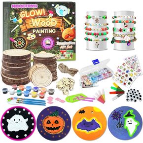 MAGETOYS DIY Halloween Wooden Painting kit, Arts and Crafts for Kids Ages 8-12, Glow in The Dark Paint, Creative Arts & Crafts Activity, Kids Painting Kits, Halloween Decorations Gifts