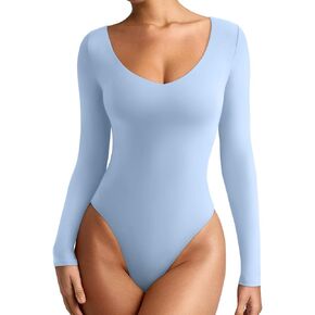 REORIA Women's Long Sleeve Body Suits V Neck Slim Double Lined Basic Layering Bodysuits Sexy Fall Going Out Tops Winter Outfits 2024(Light Blue Large)