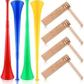 Outus 8 Pcs Noise Makers Includes 4 Vuvuzela Stadium Horn Collapsible Plastic Blow Horn 4 Matracas Mexicanas Wooden Ratchet Noise Maker for Sporting Events Games School Party Favor