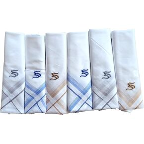 GKV DECOR Initial Handkerchiefs for Men Monogrammed Boxed 6 Piece Set Cotton by PRINEEKA (Initial 'S', 6 Pcs)