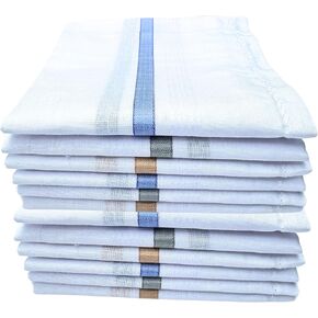 Men's Handkerchiefs, 12 Pack, 100% Soft Cotton Hankies for Men, Bandana with color stripes, 17 Inches Large Mens Handkerchief, White Assorted Pocket Squares for suits