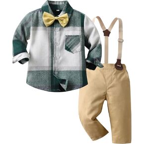 Kunyeah Boy Gentleman Plaid Outfits Toddler Long Sleeve Shirt with Bow Ties Suspenders Pants Kid Dress Suit for 1-6 Years