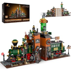 JMBricklayer Steampunk Train Station Building Set - 2 in 1 Train & Bookends Set for Adults, Home Decor & Bookshelf Organizer, Ideal Collectible Model for Boy, Girl, Teen (1379 Pcs)