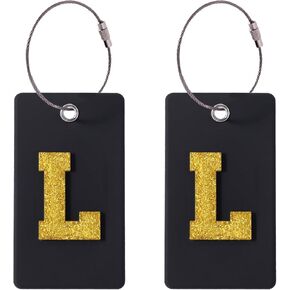 2 Pcs Silicone Luggage Tags with Glitter Initials, Travel Accessories for Suitcases, Backpacks, ID Tags for Men, Women, Business, Holiday Travel (Black/Pink, S)