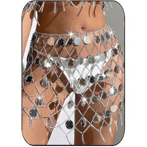 EASEDAILY Sparkly Sequin Chains Skirts Silver Dot Disco Belly Dance Skirt Nightclub Waist Chain for Women