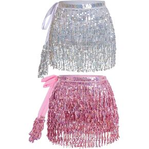 2Pcs Sequin Tassel Skirt Fringe Belly Dance Hip Scarf Sparkly Rave Costume for Women Girls