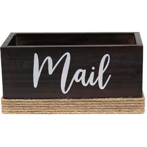 Elegant Designs HG2036-WHT Homewood Farmhouse Rustic Wood Decorative Mail Holder, Bills, Letter Storage, Sorter w Wrapped Rope, Cutout Handles w Mail Black Script for Décor, Desk, Office, White