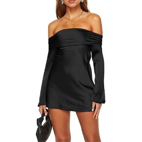 HYPERFIRE Women's Elegant Satin Off The Shoulder Long Sleeve Mini Dress Tie Back Wedding Cocktail Dresses in Kuwait