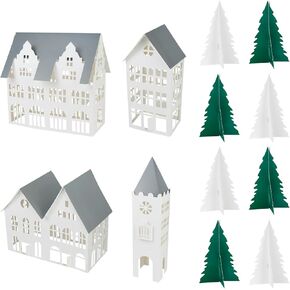 4pcs Christmas Village Houses Decorations, DIY Christmas Village Houses Centerpieces Paper House Decor Christmas Scene Desktop Decorations for Winter Xmas Holiday Party