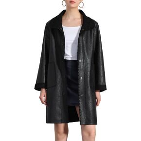 Allegra K Faux Leather Coat for Women's Button Up Collar Classic Winter Mid Long Jacket Coats