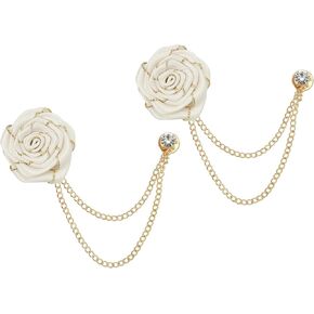 MECCANIXITY Bridegroom Brooches Rose Flower, Cloth Lapel Pin Handmade Fashion Gold Chain Boutonnieres with Tassel Chain/Suit Stud/Trim for Wedding Men' Suit Accessories