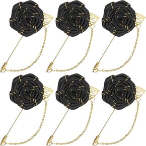 Rose Brooch Pin Cloth Rose Flower with Gold Leaf Brooch, Rose Flower Lapel Pin for Men Wedding Accessories
