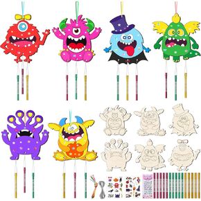 12 Pack Monster Wind Chime Kit Make You Own Halloween Wind Chime Kids Crafts DIY Monster Ornaments Decorations Wooden Arts Fall Craft for Girls Boys Activity Halloween Party Favor