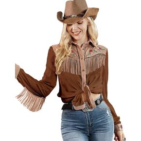 Womens Fringe Western Long Sleeve Shirts Floral Embroidered Cowgirl Button Down Shacket Blouse Country Rodeo Outfit