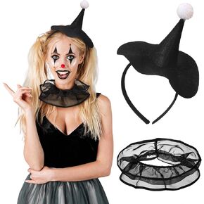 XunYee 2 Pcs Halloween Clown Costume for Women Clown Headband Hat Ruffle Collar Jester Outfit for Clown Cosplay Accessories