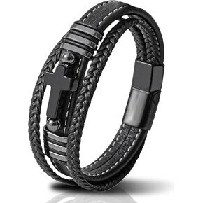 Mens Cuff Cross Bracelet - Stainless Steel Row Christian Bracelets for Men - Black Multilayer Leather Religious Punk Jewelry