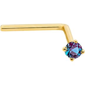 Solid 14K Gold L-Shape Stud Lab-Alexandrite 22G L-bend Nose Stud - 14K White Gold / 14K Yellow Gold June Birthstone Nose Ring Stud