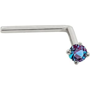 Solid 14K Gold L-Shape Stud Lab-Alexandrite 22G L-bend Nose Stud - 14K White Gold / 14K Yellow Gold June Birthstone Nose Ring Stud