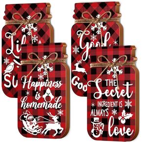 BBTO Christmas Mason Jar Wooden Decor Christmas Table Centerpieces Decor Buffalo Plaid Mason Jar Wall Hanging Decor Mason Jar Signs for Christmas Tree Wall Table Door Kitchen Decor