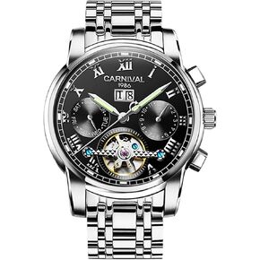 Carnival White-Toned Stainless Steel Open-Heart Mechanical Watch for Men, Multifunctional with Numeric Date, Weekday, Month Display, 41mm, Water-Resistant, Anti-Reflective Crystal, Butterfly Clasp