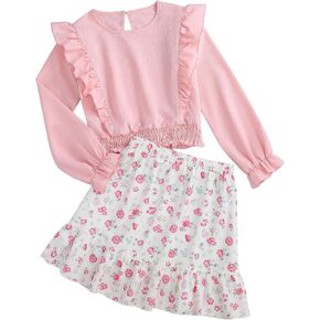 Girls Floral Skirt Set Long Sleeve Ruffle Top and Skirts Outfit 2 Piece Toddler Girl Fall Clothes Sets