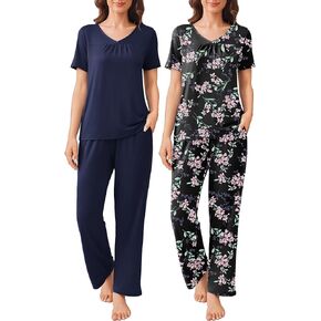 Ekouaer 2 Pack Womens Pajama Sets Short Sleeve with Long Pant Pjs Sleepwear Loungewear with Pockets S-XXL