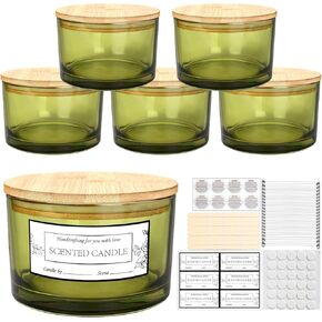 CONNOO 24oz Clear Glass Candle Jars 6 Pack, Multi-Wick Wide Mouth Empty Bulk Candle Containers for Making Candles with Airtight Bamboo Lids, Sticky Warning Labels, Wick kit- Dishwasher Safe