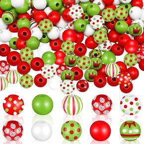240 Pcs Christmas Wooden Beads Bulk Christmas Beads for Jewelry Making Red Green White Round Craft Beads 16mm Peppermint Swirl Elf Candy Cane Beads for DIY Craft Garland Holiday Tiered Tray Tree Decor