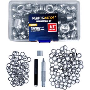 PERFORMORE Grommet Tool Kit 100 Sets of 1/2" Inside Diameter Grommets and Eyelets with Storage Box, Hole Cutting Tool, and Mandrel for Craft Making, Repair and Decoration (Silver)