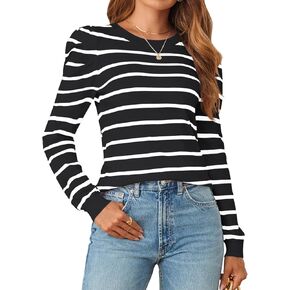 MEROKEETY Women's 2024 Striped Long Puff Sleeve Tops Casual Crew Neck Knit Pullover Sweaters Shirts