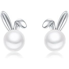 Cute Rabbit Pearl Tiny Stud Earrings for Women Teen Girls 925 Sterling Silver Bunny Animal Cartilage Hypoallergenic Small Studs Earring Elegant Jewelry Gifts Bff