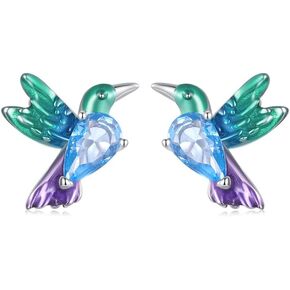 Cute Hummingbird Animal Stud Earrings for Women Girls 925 Sterling Silver Hypoallergenic Blue Crystal Green Enamel Tiny Bird Studs Cartilage Tragus Post Nickel Free Piercing Ear Dainty Birthday Holiday Jewelry Gifts