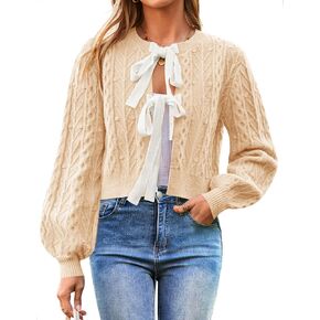 ZESICA Women's Cardigan Sweaters 2024 Fall Winter Long Sleeve Tie Front Cable Knit Chunky Cropped Outerwear Coat