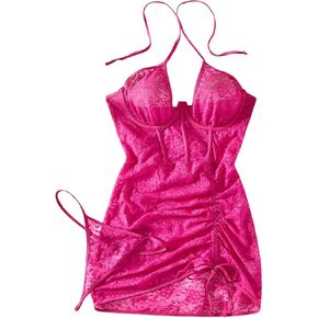 SHENHE Women's Lingerie Set 2 Piece Floral Lace Drawstring Halter Babydolls Lingerie Dress With Thong