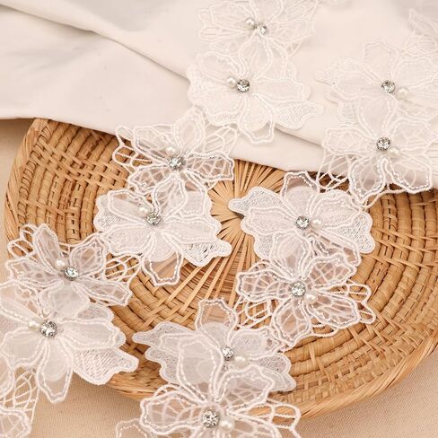 Organza Flower Trim 2 Yards 3D Pearl Beads Flower Lace Trim Embroidered Applique Sewing Craft for Sewing,DIY Crafts,Home Decor(White) in Kuwait