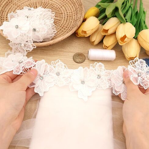 Organza Flower Trim 2 Yards 3D Pearl Beads Flower Lace Trim Embroidered Applique Sewing Craft for Sewing,DIY Crafts,Home Decor(White) in Kuwait