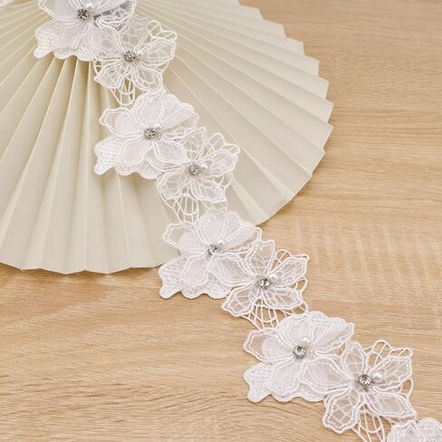 Organza Flower Trim 2 Yards 3D Pearl Beads Flower Lace Trim Embroidered Applique Sewing Craft for Sewing,DIY Crafts,Home Decor(White) in Kuwait