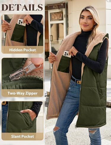 Womens Fall Reversible Vests Sleeveless Fleece Hoodie Jacket Zip Up Winter Warm Hooded Long Coat Outerwear with Pockets in Saudi Arabia