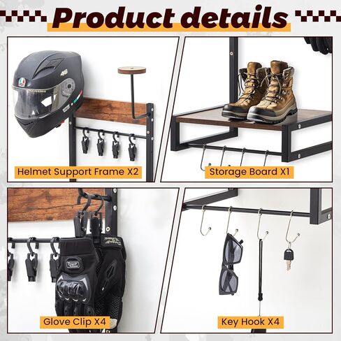 Yousoontic حامل خوذة دراجة نارية على الحائط حامل خوذة مع رف خوذة، 4 رقائق قفاز و4 خطافات حامل خوذة دراجة نارية لعرض ملابس خوذة دراجة نارية in Kuwait