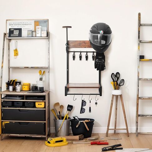 Yousoontic حامل خوذة دراجة نارية على الحائط حامل خوذة مع رف خوذة، 4 رقائق قفاز و4 خطافات حامل خوذة دراجة نارية لعرض ملابس خوذة دراجة نارية in Kuwait